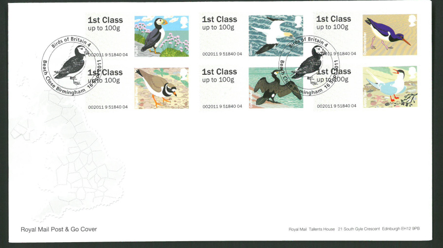 2011 Royal Mail Birds of Britain 4 Post & Go First Day Cover, Beach Close Birmingham Postmark - Click Image to Close